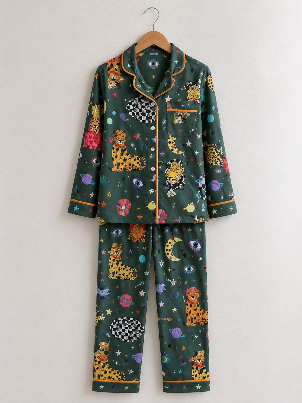 Womens Dark Green Leopard & Space Print Pajama Set